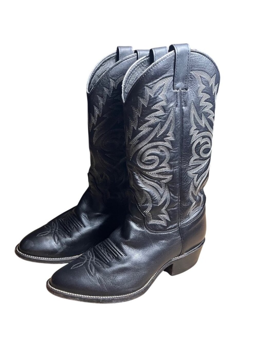 Justin Men’s 8 EEE Black Leather Cowboy Boots Embroidered Design USA 1409 VTG
